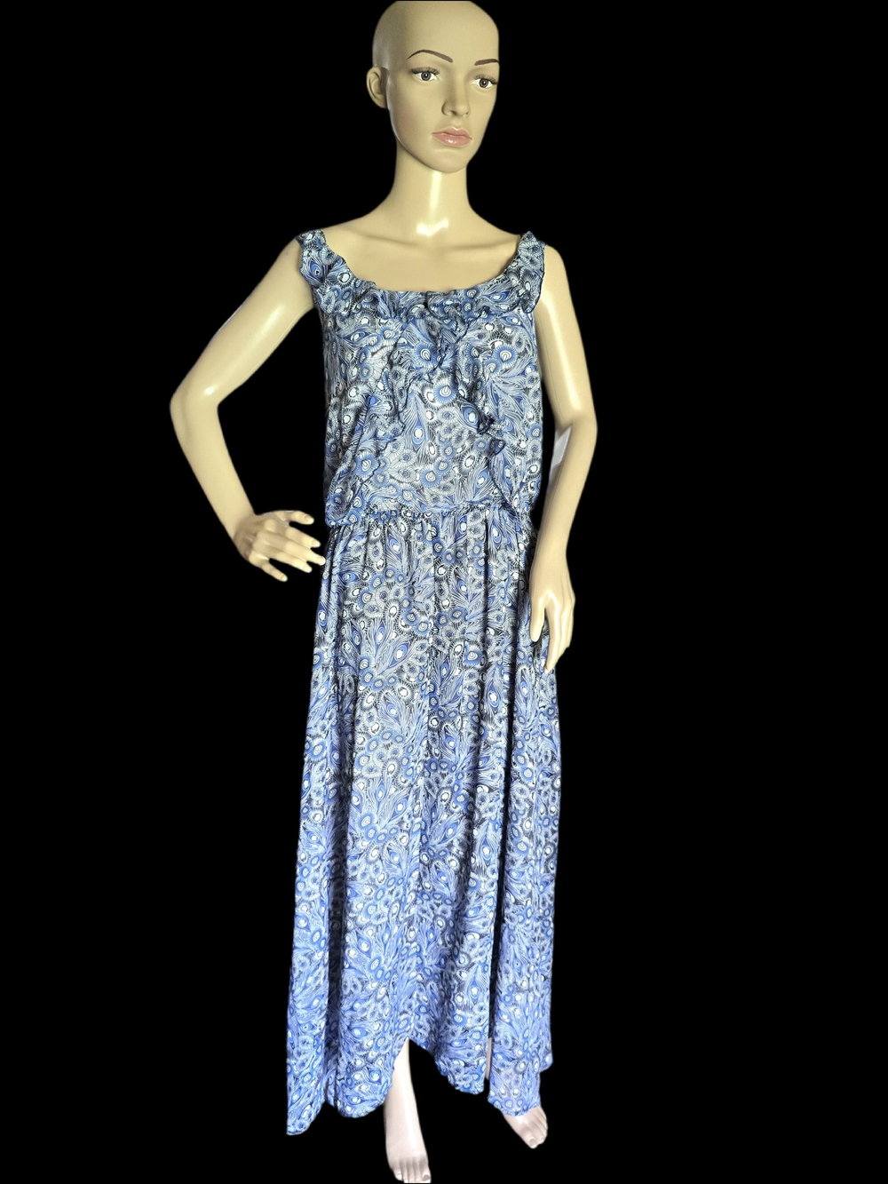 Denim 24/7 Blue Printed Ruffle-Neck Maxi Dress